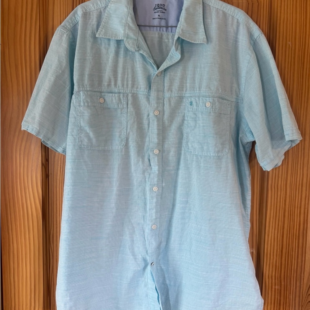 Izod Blue Casual Button Down Shirt with Camp Collar